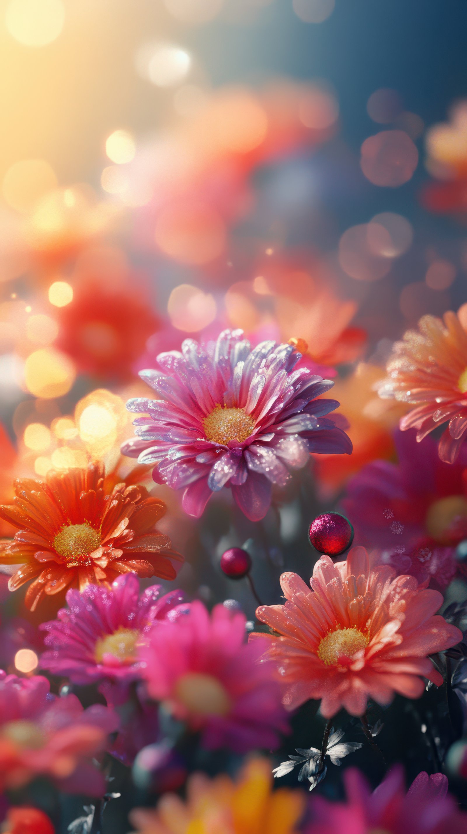 Colorful flowers glistening in morning light with bokeh background enhancing the beauty of nature